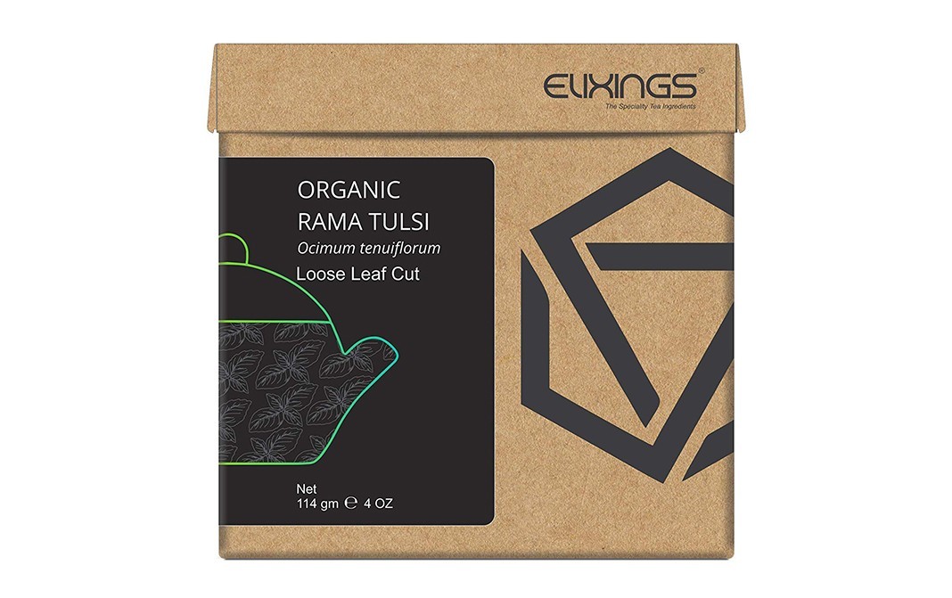 Elixings Organic Rama Tulsi Ocimum Tenuiflorum Loose Leaf Cut   Box  114 grams